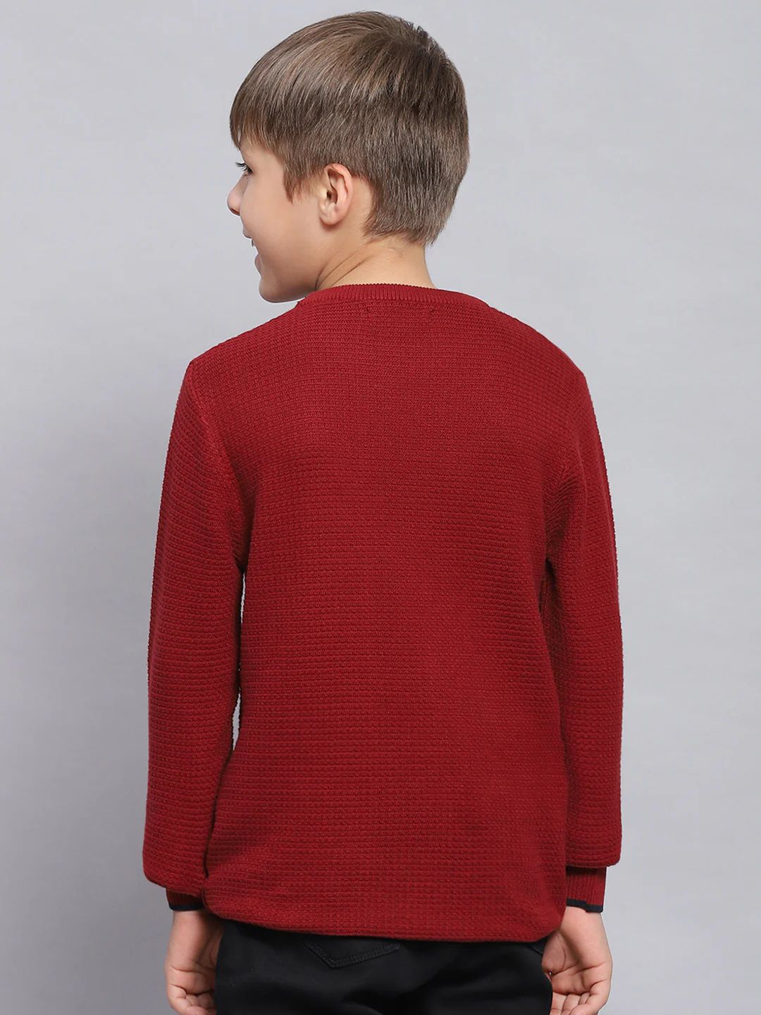 Boys Maroon Solid Round Neck Full Sleeve Sweater - Image 5