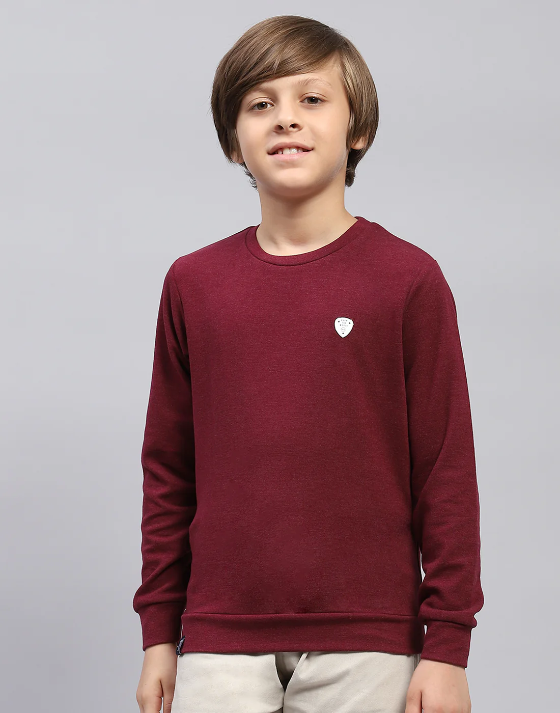 Boys Maroon Solid Round Neck Full Sleeve Sweatshirt - Image 2