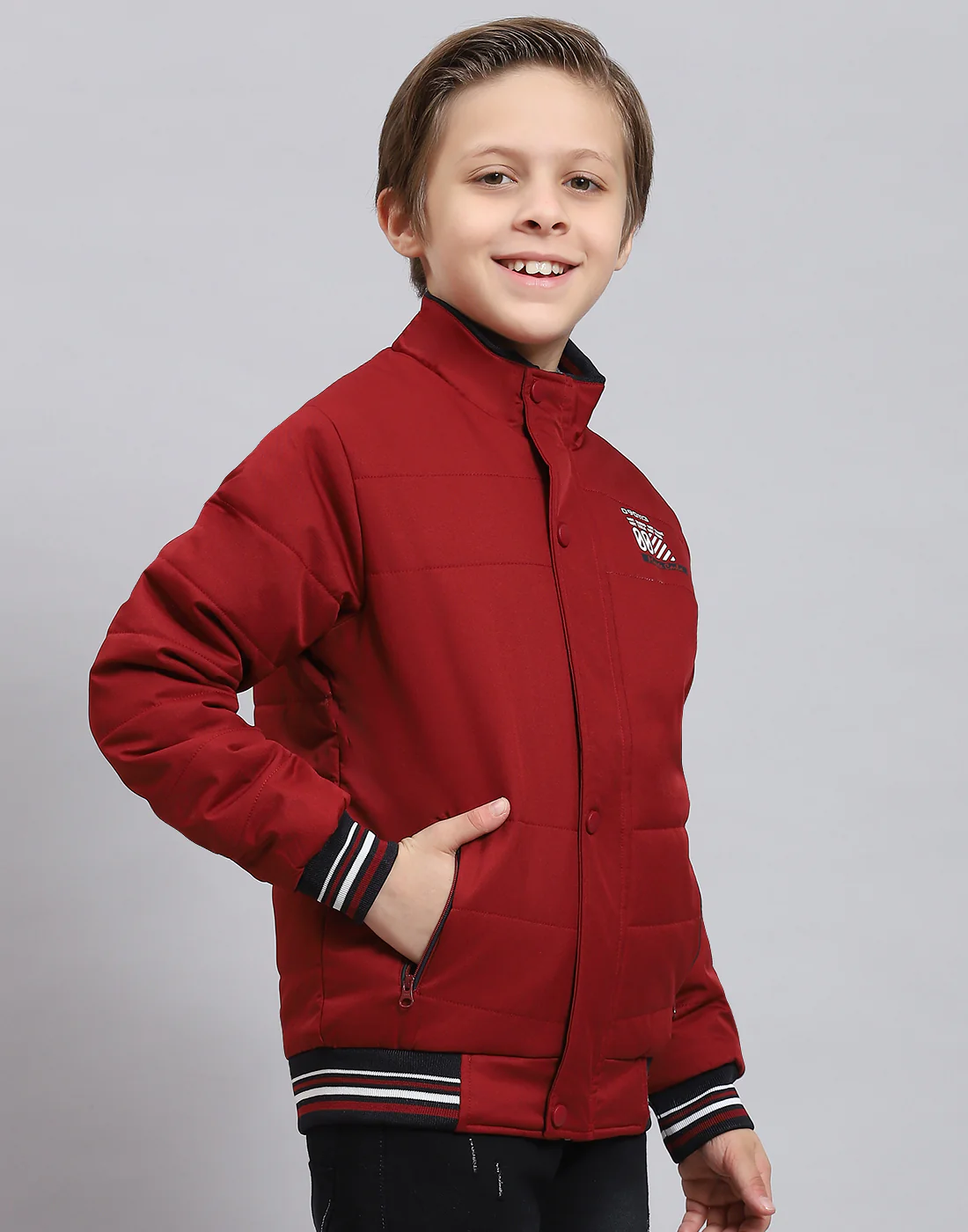 Boys Maroon Solid Stand Collar Full Sleeve Boys Jacket - Image 4