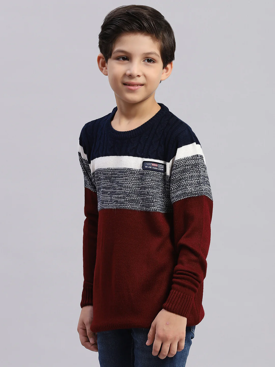 Boys Maroon Stripe Round Neck Full Sleeve Sweater - Image 3