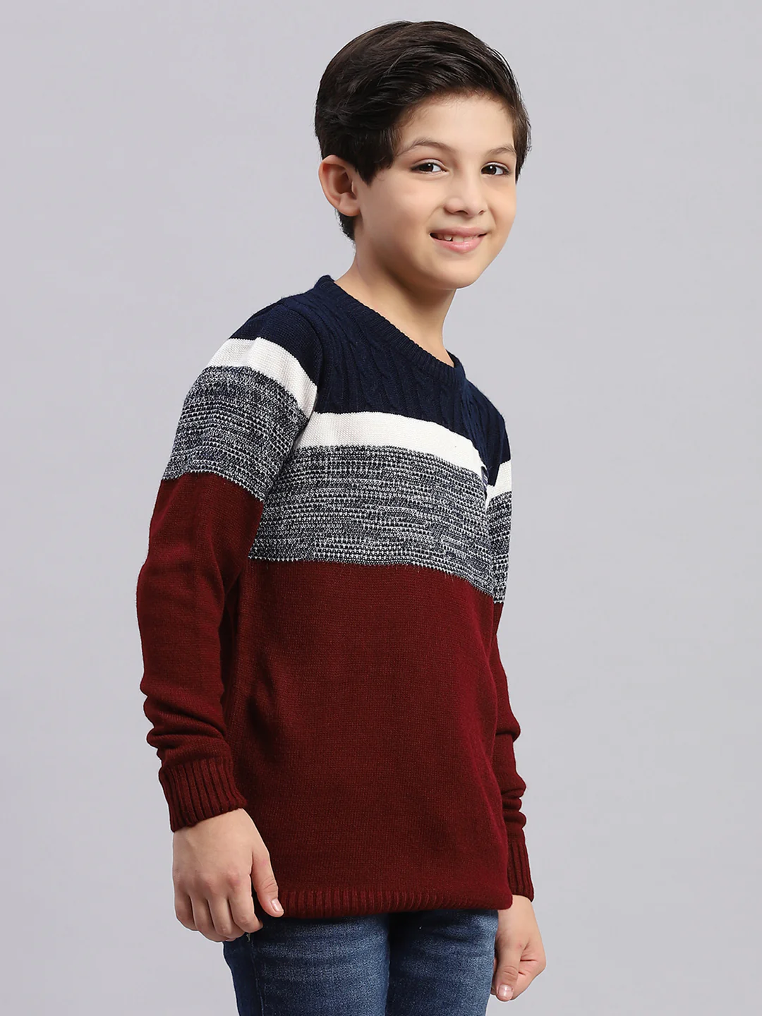 Boys Maroon Stripe Round Neck Full Sleeve Sweater - Image 4