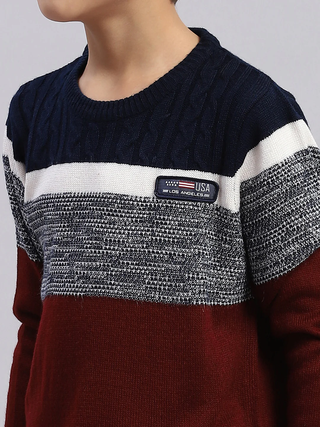 Boys Maroon Stripe Round Neck Full Sleeve Sweater - Image 6