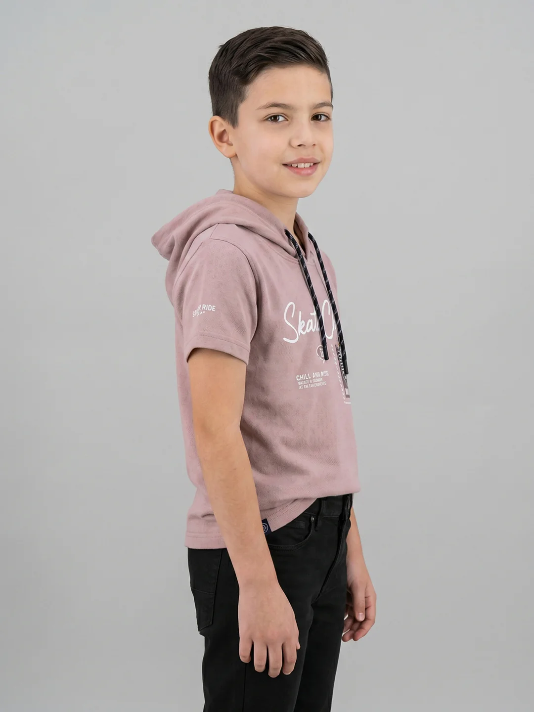 Boys Mauve Printed Hooded Half Sleeve T-Shirt - Image 2