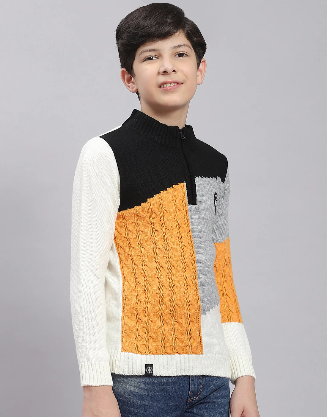 Boys Multicolor Self Design Round Neck Full Sleeve Sweater - Image 4