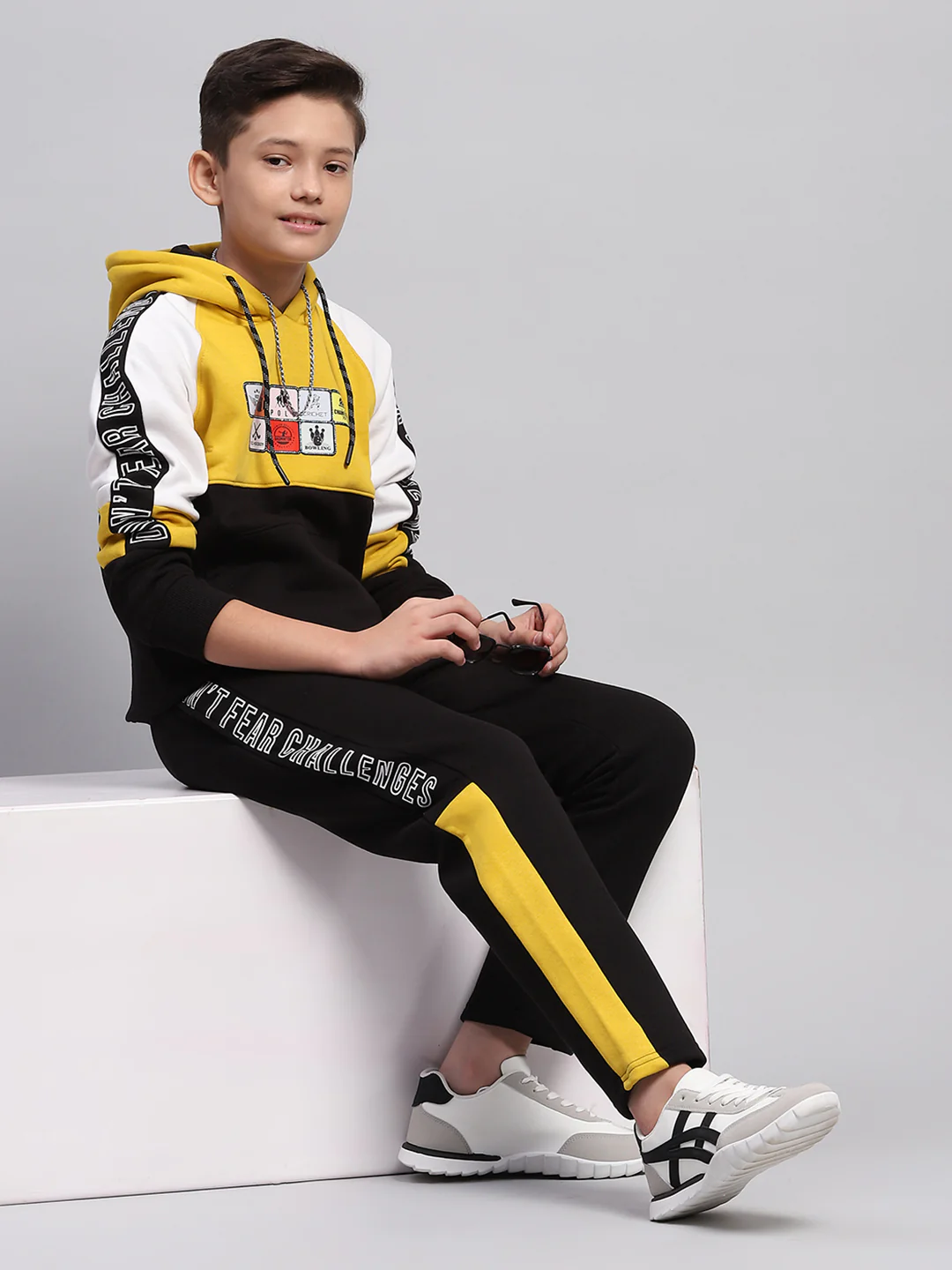 Boys Mustard & Black Printed Hooded Full Sleeve Tracksuit - Image 2