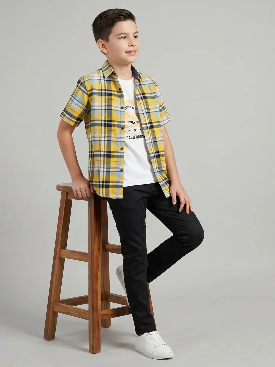 Boys Mustard Check Collar Half Sleeve Shirt Set with Inner T-Shirt - Image 2