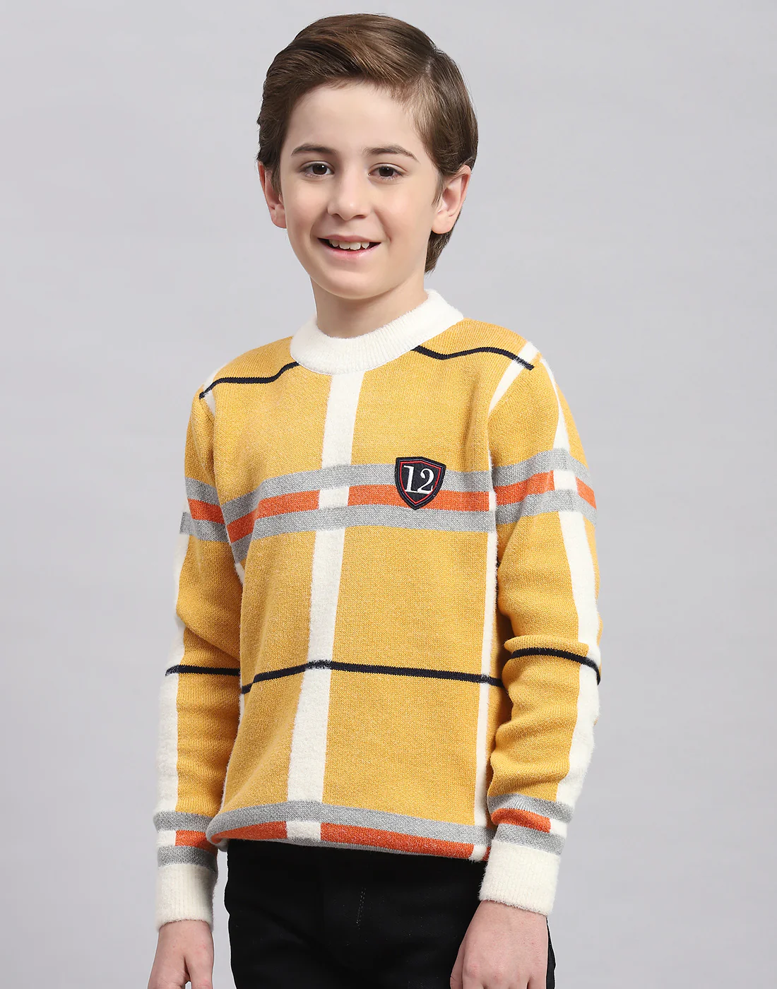 Boys Mustard Check Round Neck Full Sleeve Sweater - Image 3