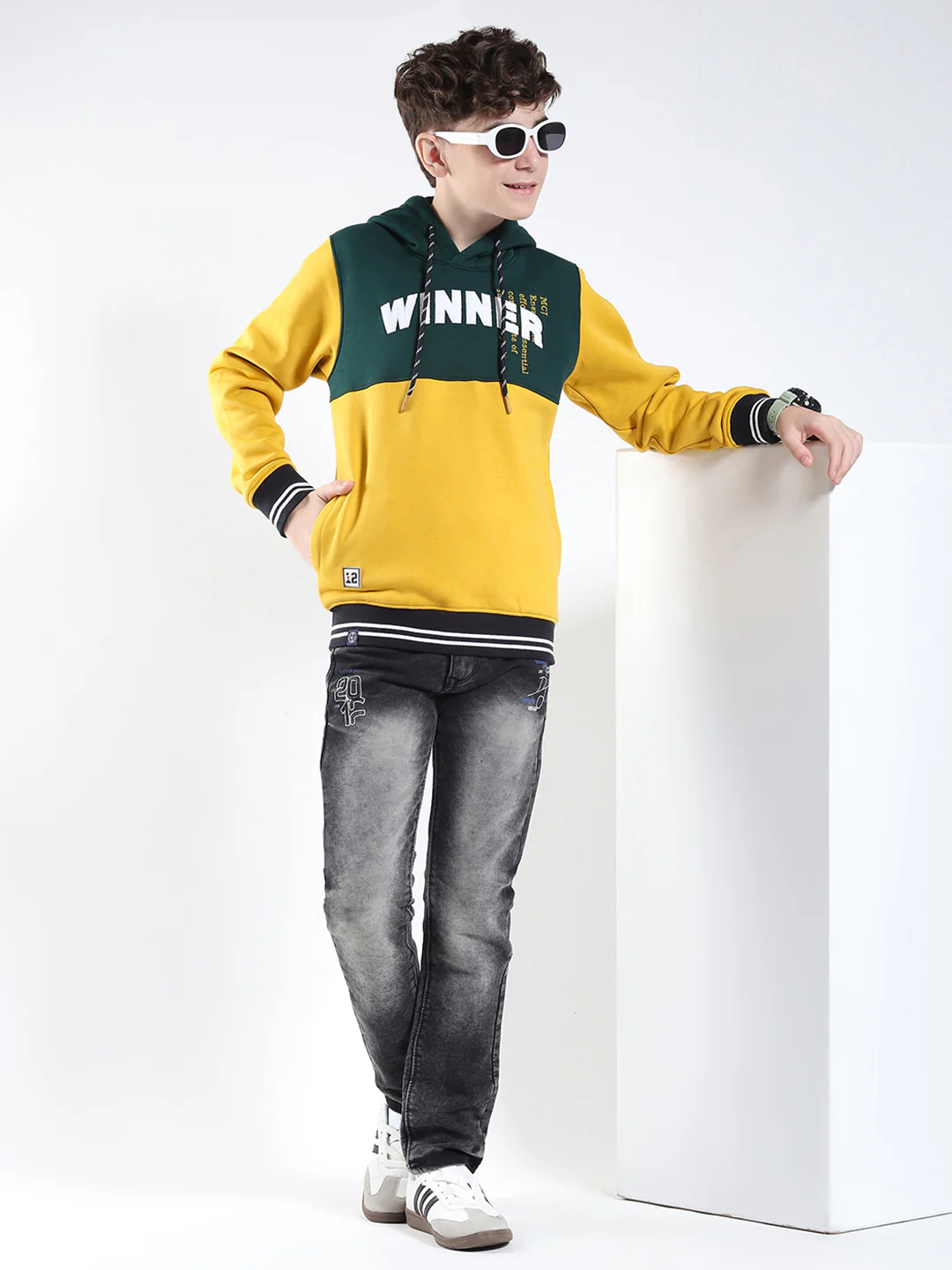 Boys Mustard Embroidered Round Neck Full Sleeve Sweatshirt - Image 2