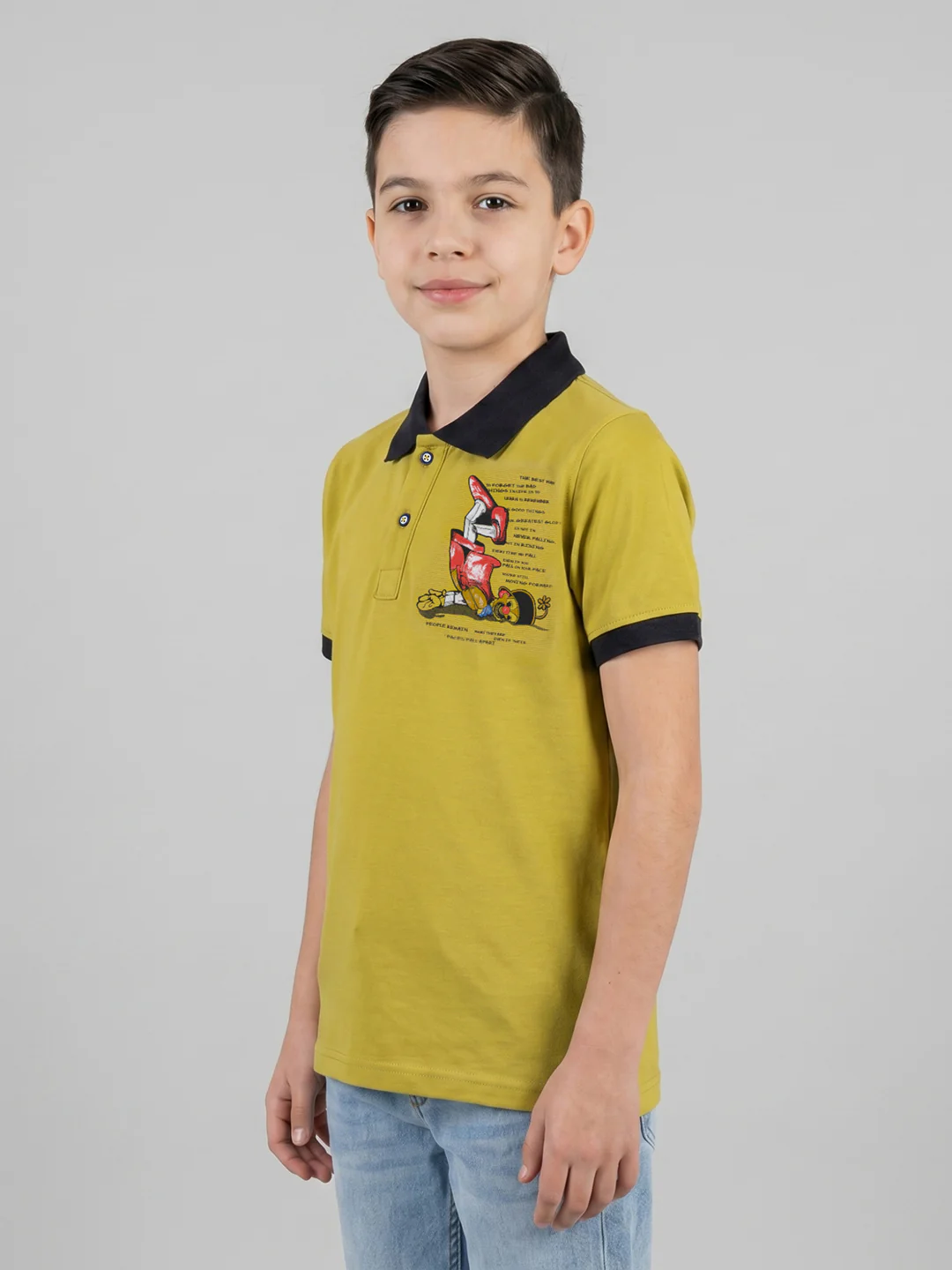 Boys Mustard Printed Collar Half Sleeve T-Shirt - Image 2