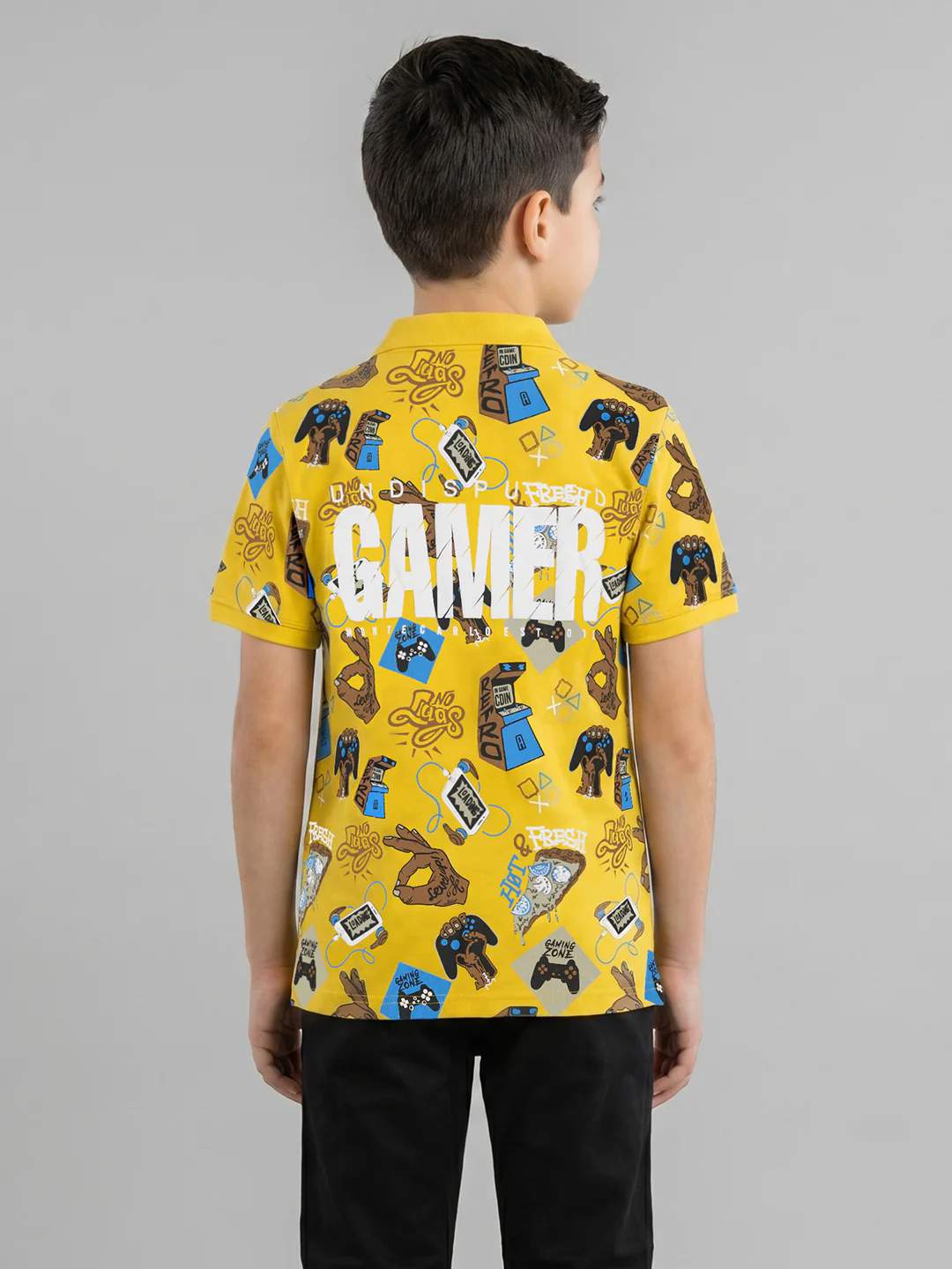 Boys Mustard Printed Collar Half Sleeve T-Shirt - Image 4