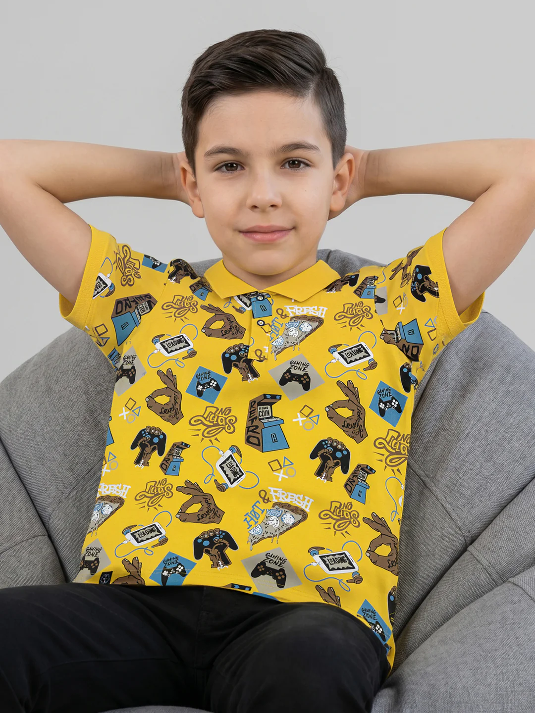 Boys Mustard Printed Collar Half Sleeve T-Shirt - Image 5