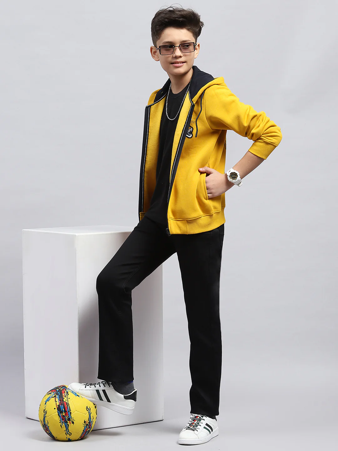 Boys Mustard Printed Hooded Full Sleeve Sweatshirt - Image 2