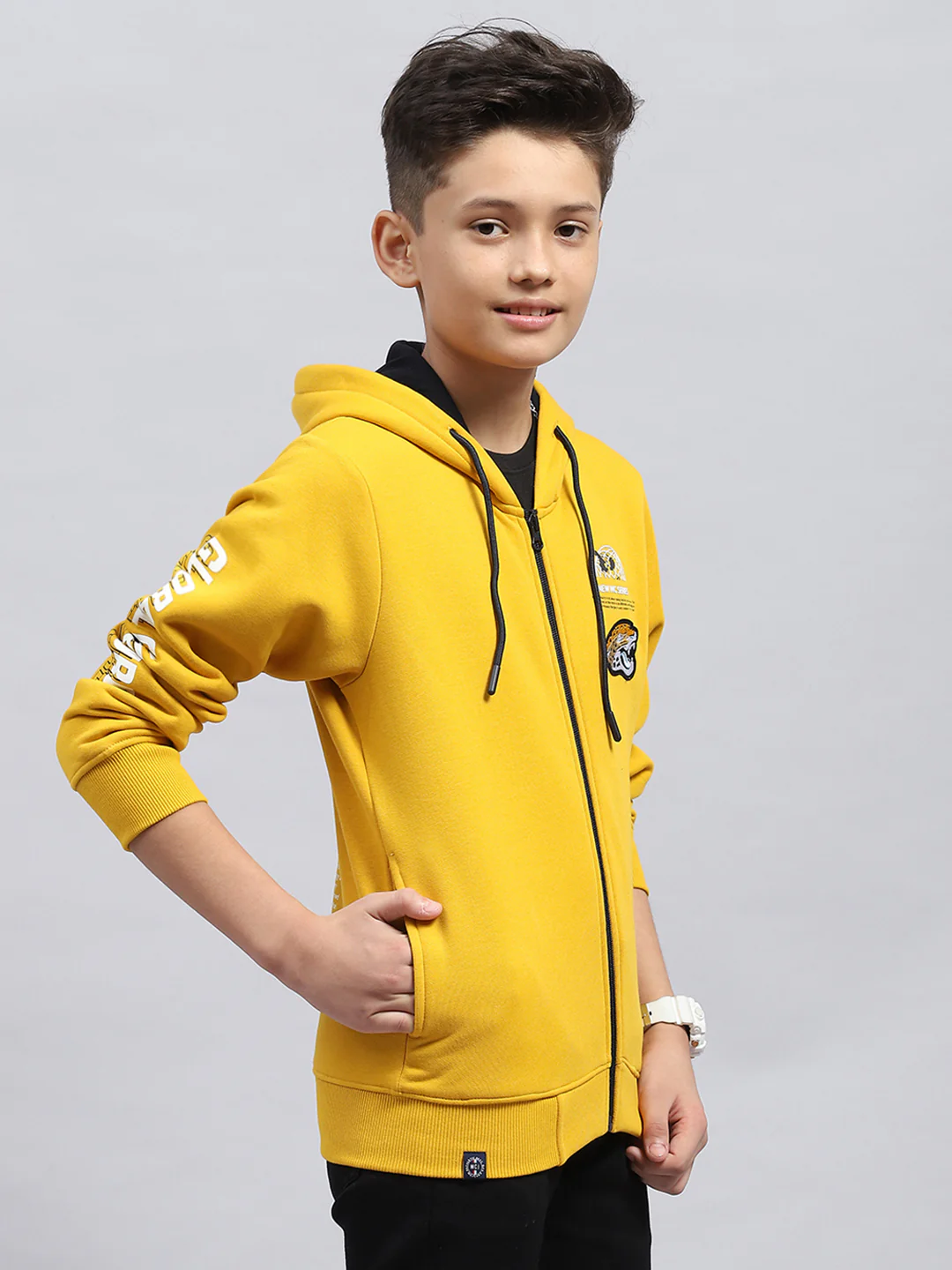 Boys Mustard Printed Hooded Full Sleeve Sweatshirt - Image 4