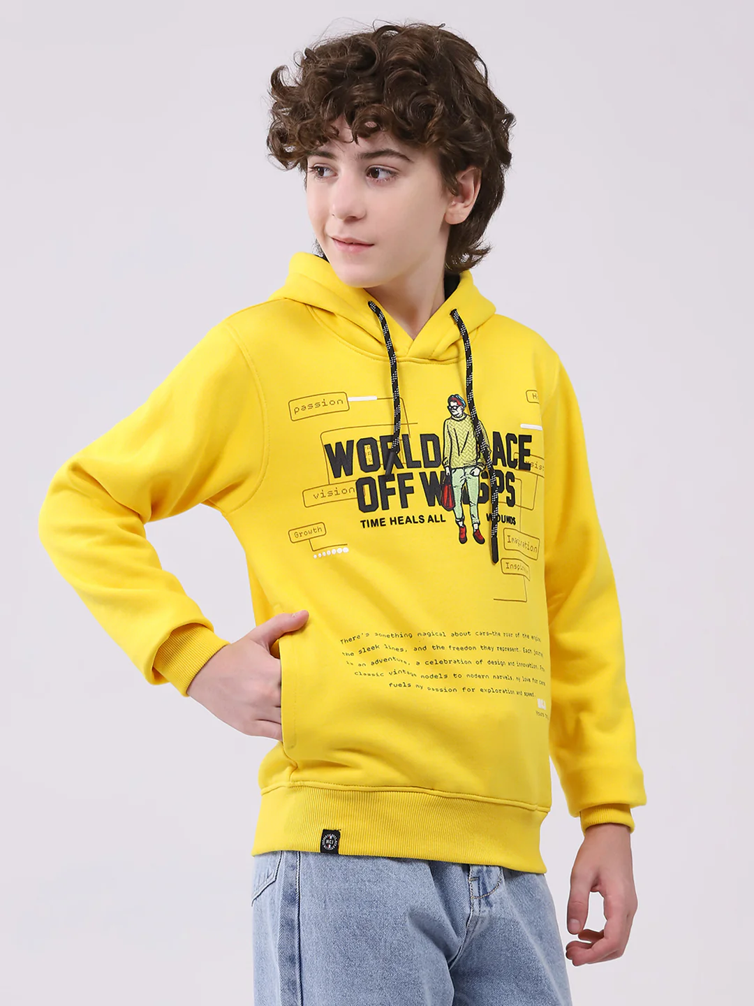 Boys Mustard Printed Hooded Full Sleeve Sweatshirt - Image 4
