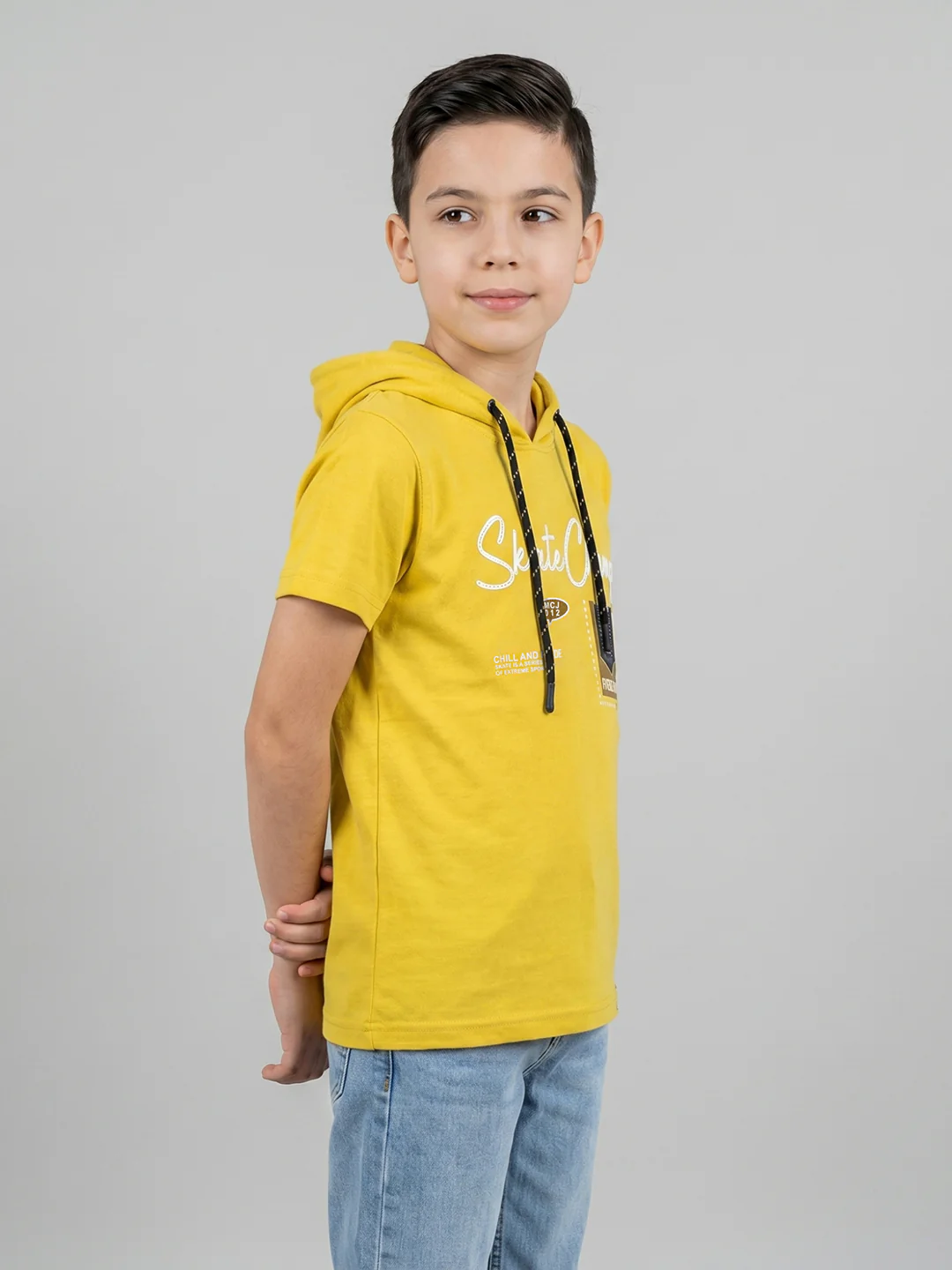 Boys Mustard Printed Hooded Half Sleeve T-Shirt - Image 2