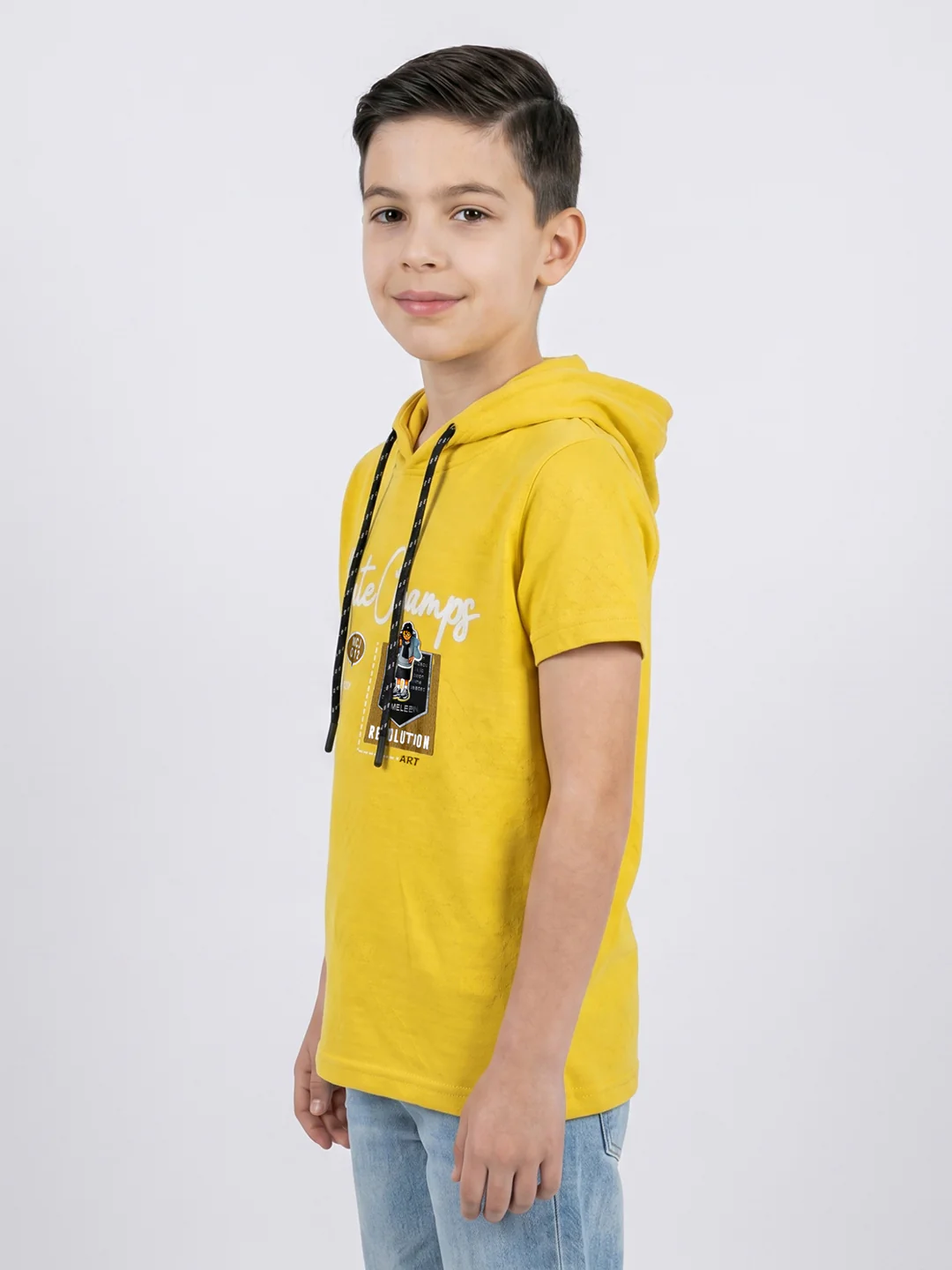 Boys Mustard Printed Hooded Half Sleeve T-Shirt - Image 3