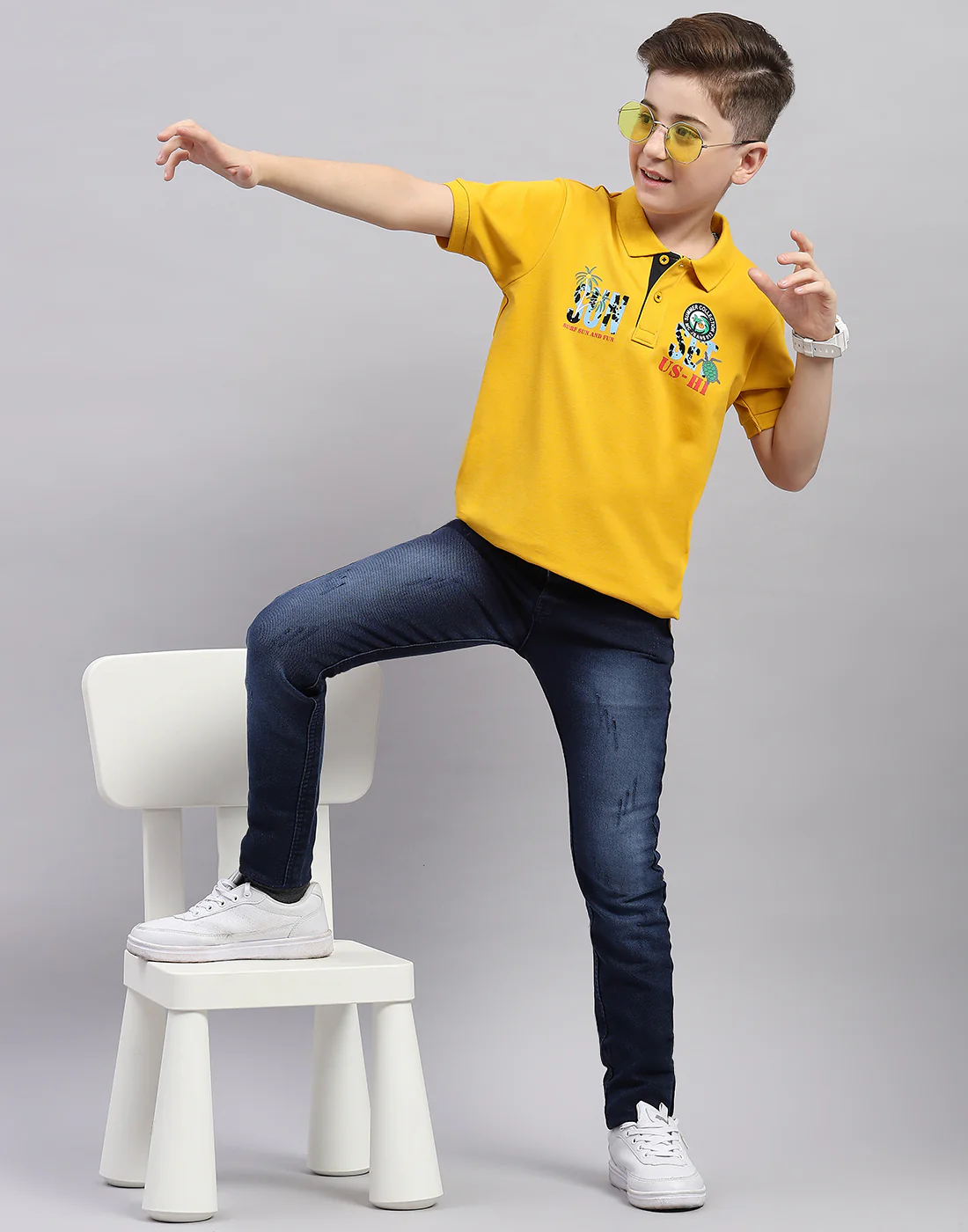 Boys Mustard Printed Polo Collar Half Sleeve T-Shirt - Image 2