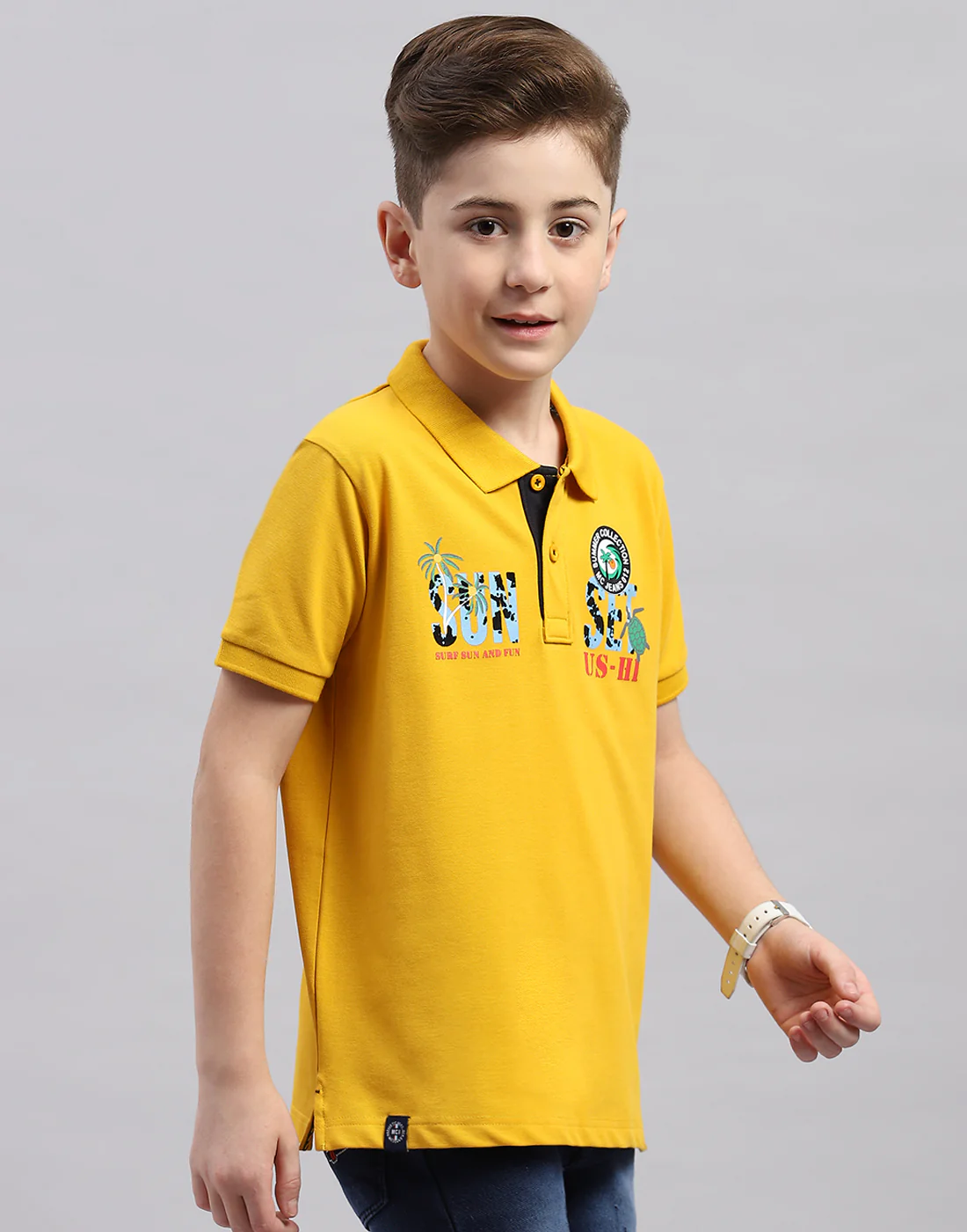 Boys Mustard Printed Polo Collar Half Sleeve T-Shirt - Image 4