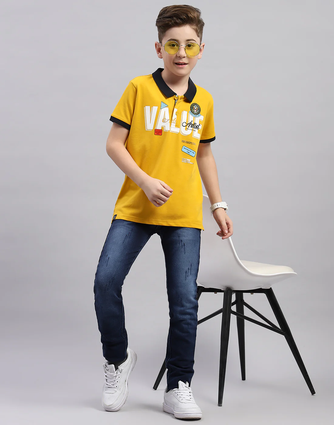 Boys Mustard Printed Polo Collar Half Sleeve T-Shirt - Image 2