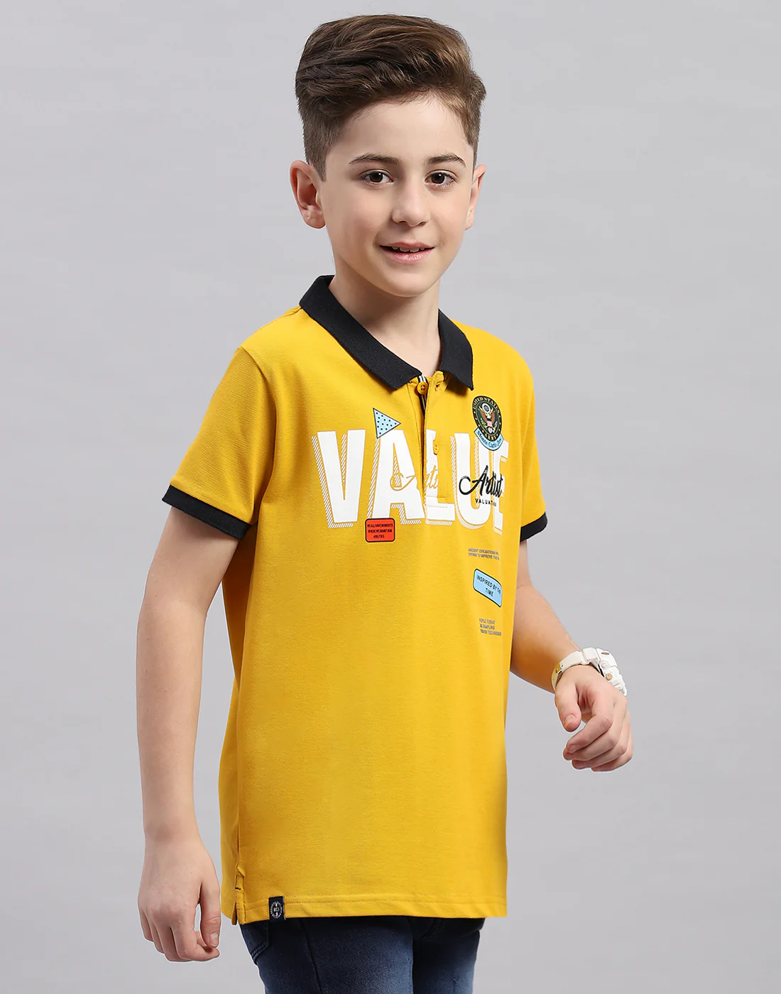 Boys Mustard Printed Polo Collar Half Sleeve T-Shirt - Image 4