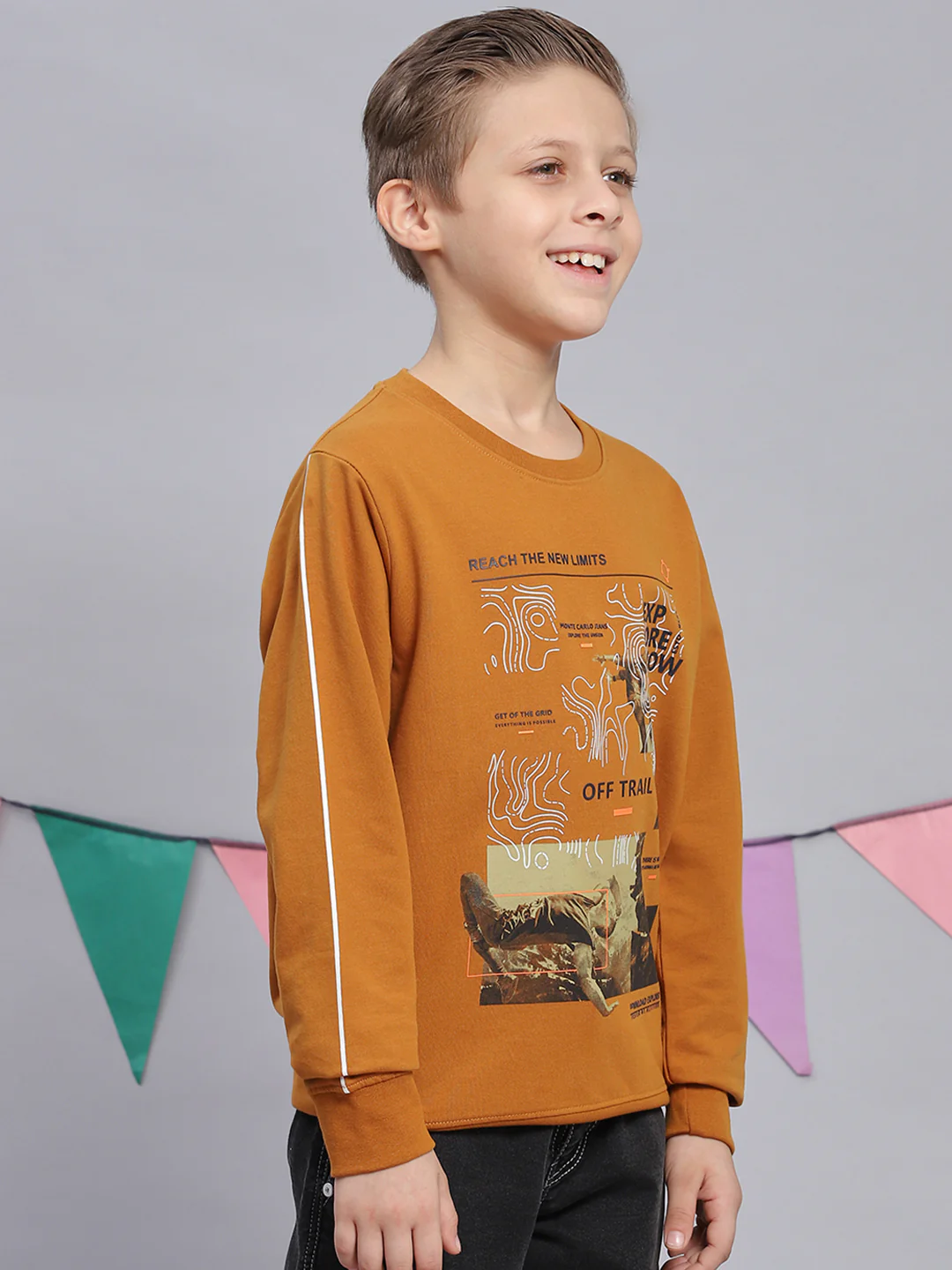 Boys Mustard Printed Round Neck Full Sleeve Sweatshirt - Image 4