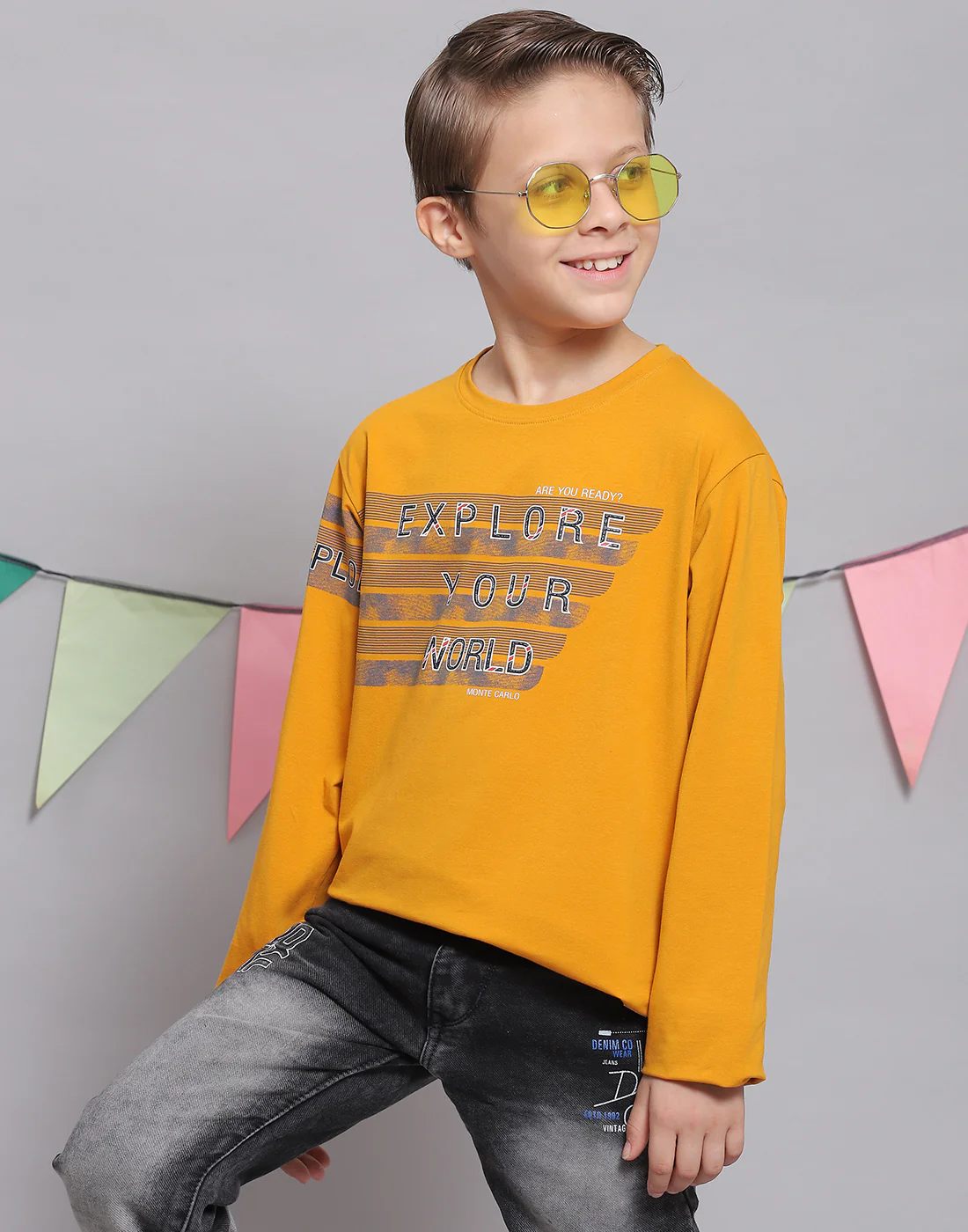 Boys Mustard Printed Round Neck Full Sleeve T-Shirts - Image 2