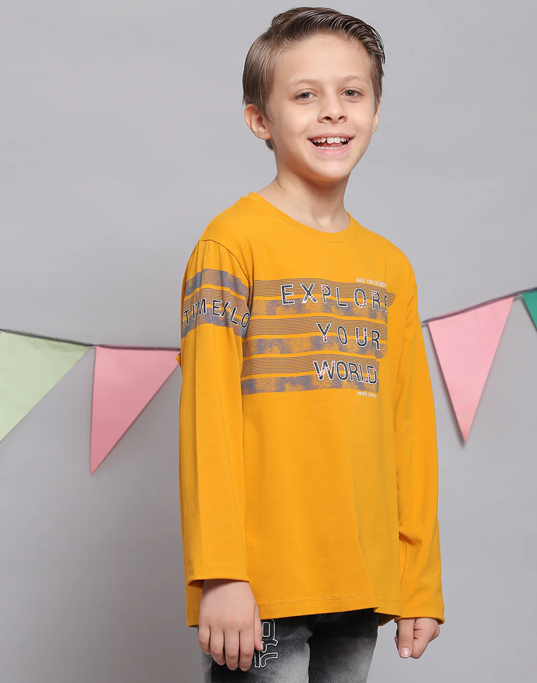 Boys Mustard Printed Round Neck Full Sleeve T-Shirts - Image 5