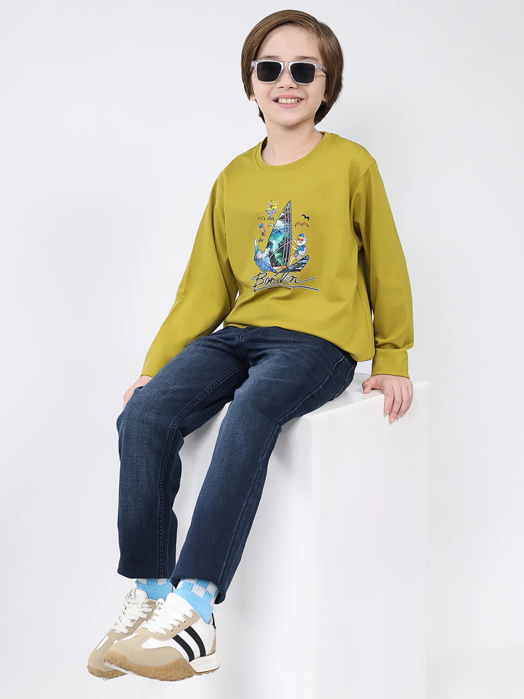 Boys Mustard Printed Round Neck Full Sleeve Winter T-Shirt - Image 2