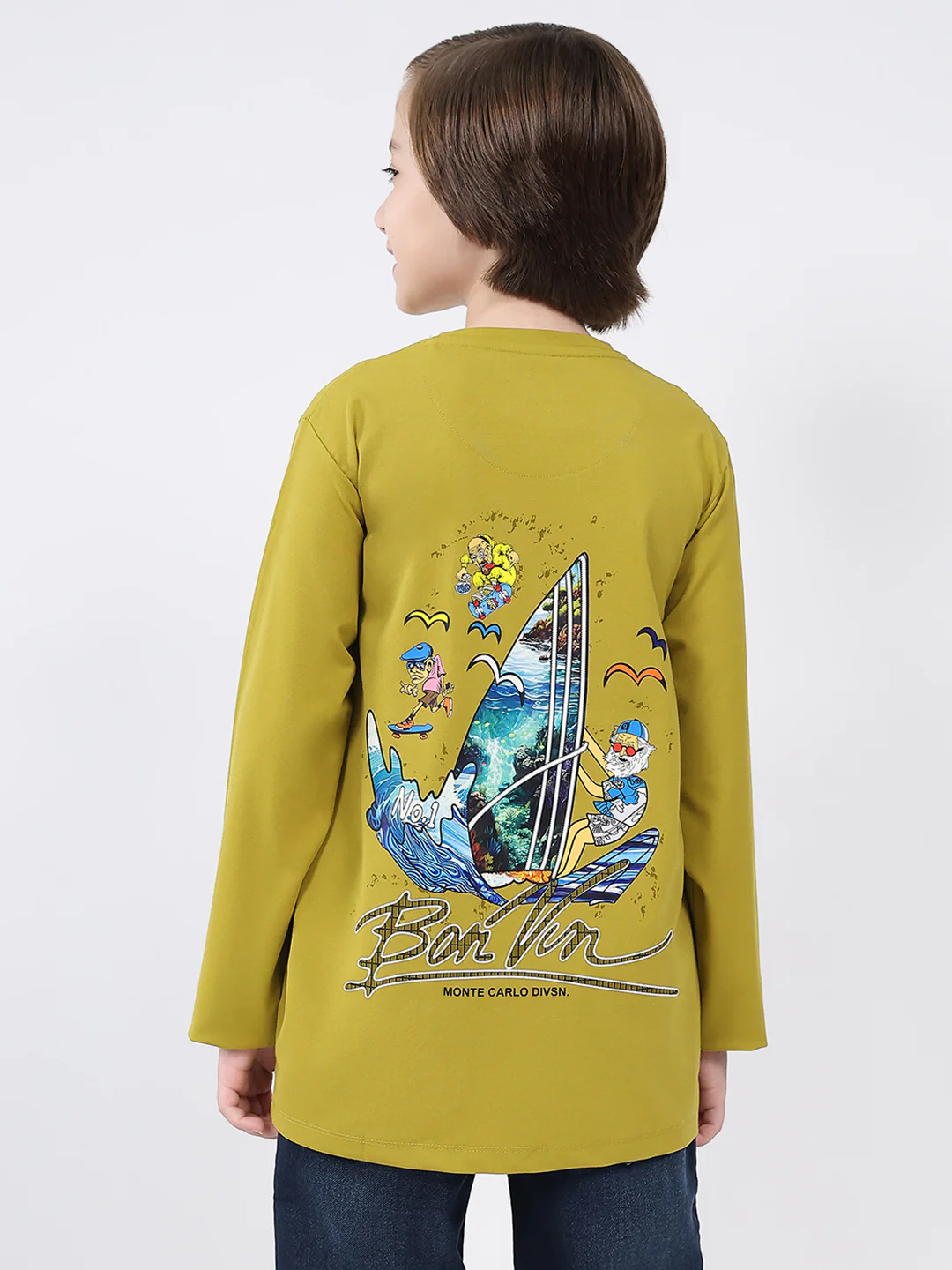 Boys Mustard Printed Round Neck Full Sleeve Winter T-Shirt - Image 5