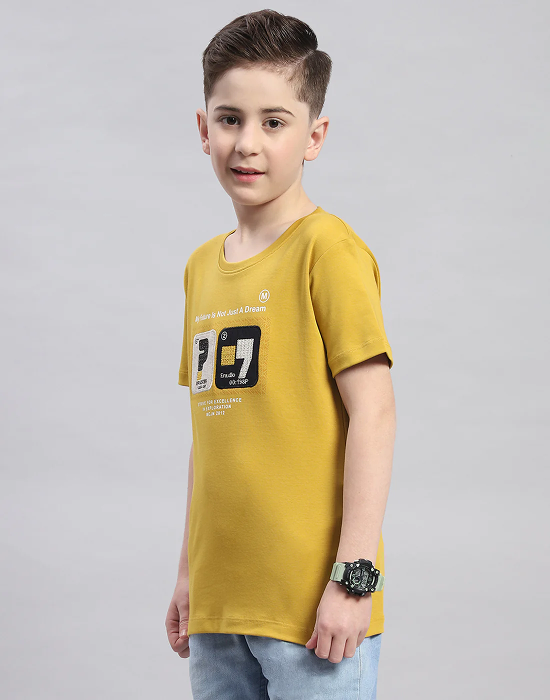 Boys Mustard Printed Round Neck Half Sleeve T-Shirt - Image 3