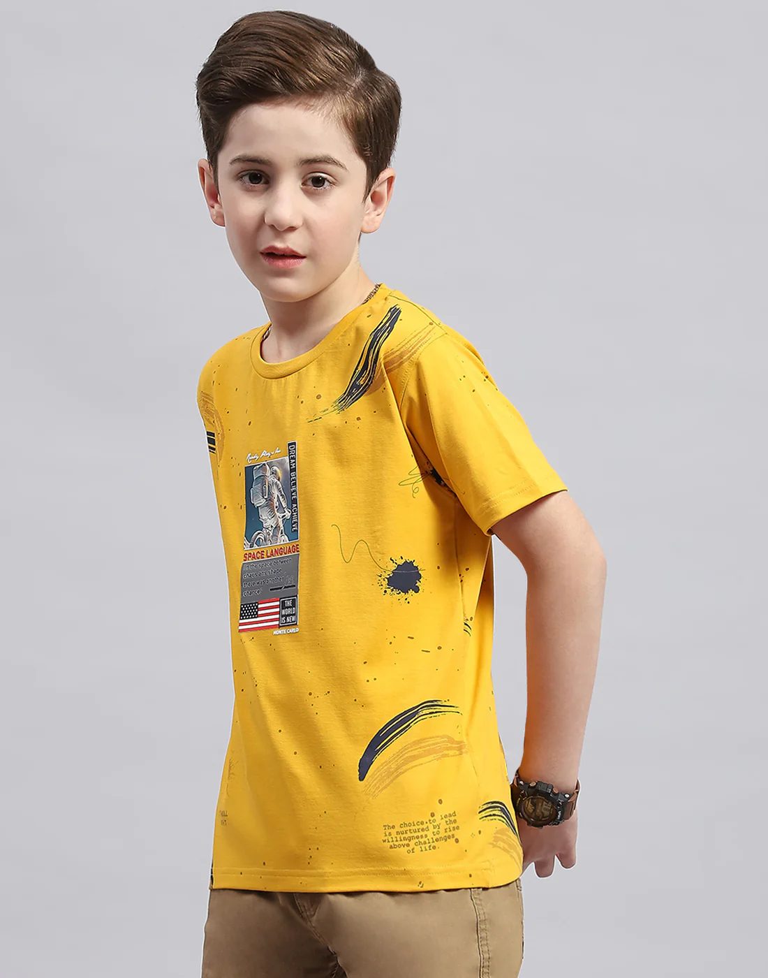 Boys Mustard Printed Round Neck Half Sleeve T-Shirt - Image 3