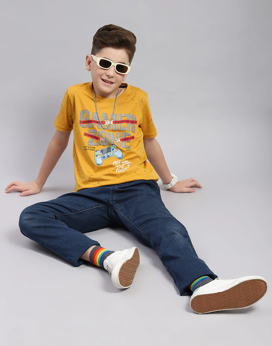 Boys Mustard Printed Round Neck Half Sleeve T-Shirt - Image 2
