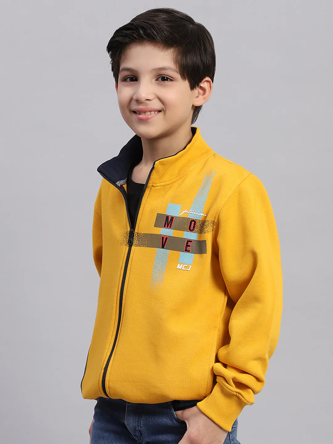 Boys Mustard Printed Stand Collar Full Sleeve Sweatshirt - Image 3