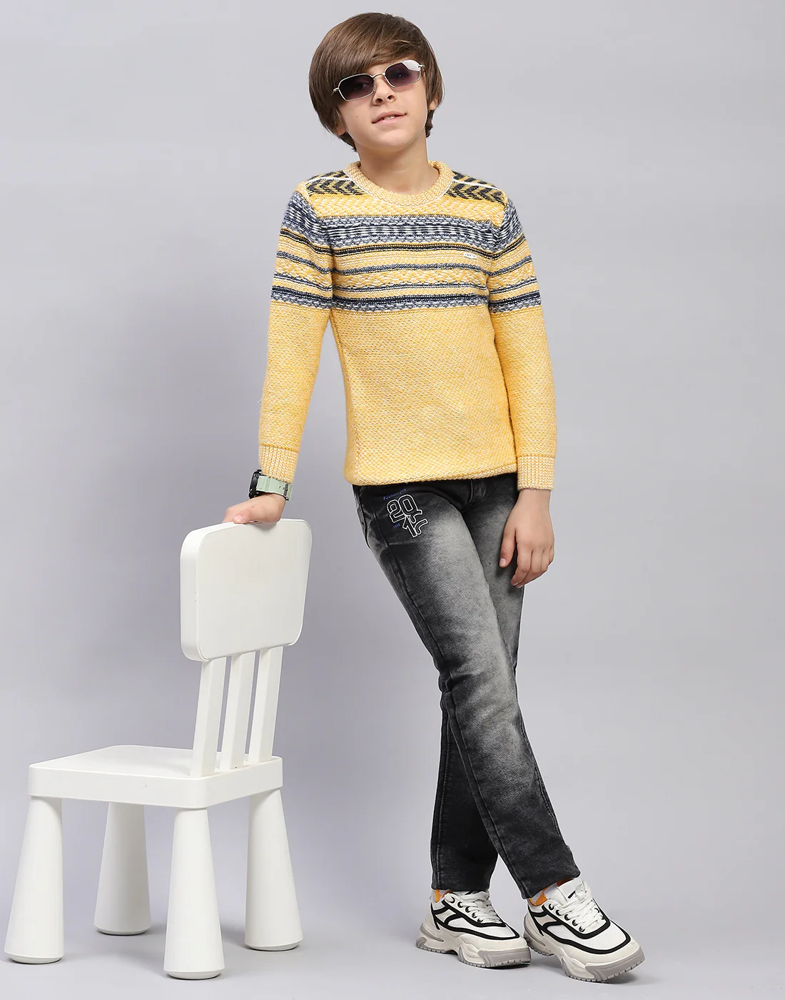 Boys Mustard Self Design Round Neck Full Sleeve Pullover - Image 2