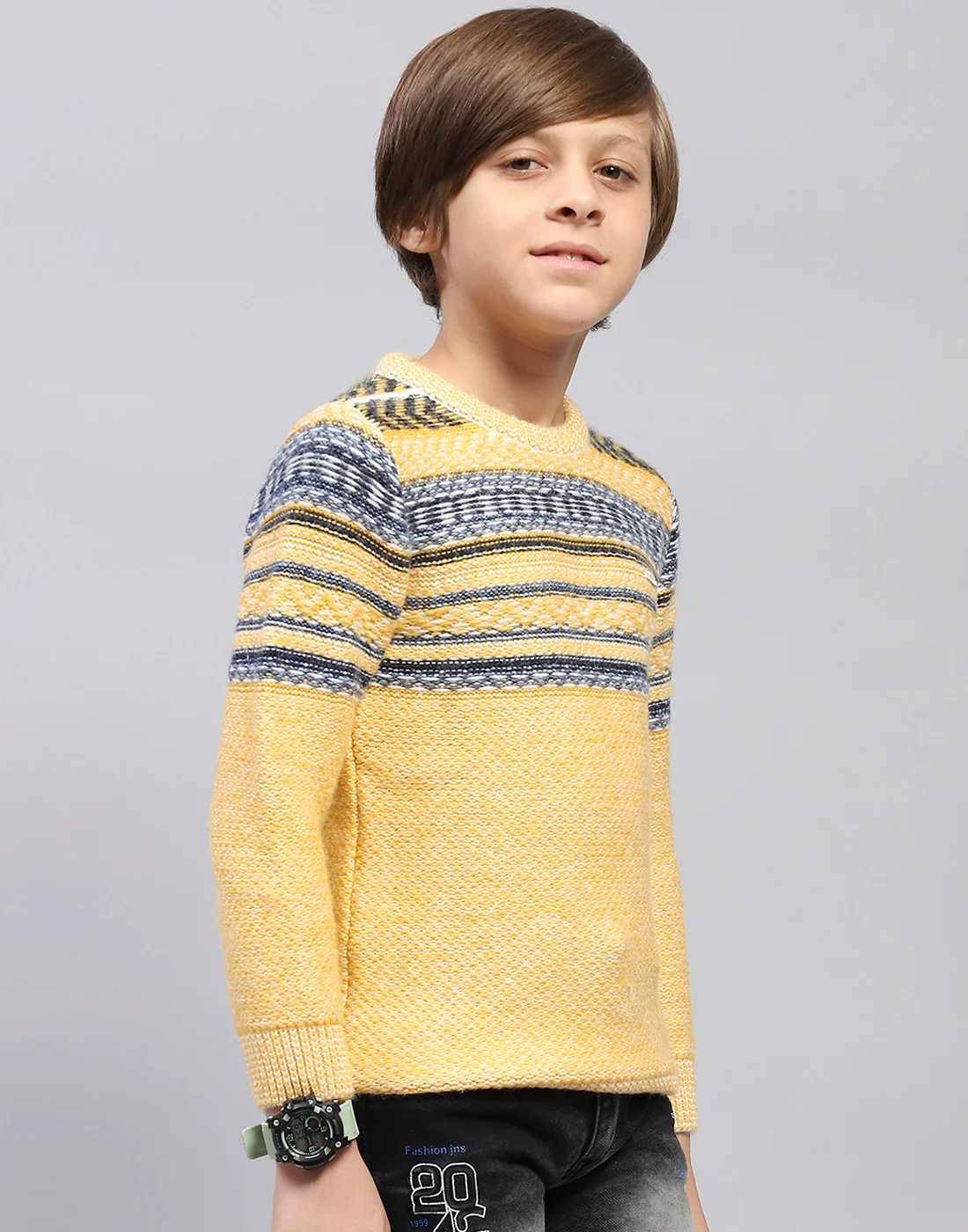 Boys Mustard Self Design Round Neck Full Sleeve Pullover - Image 4