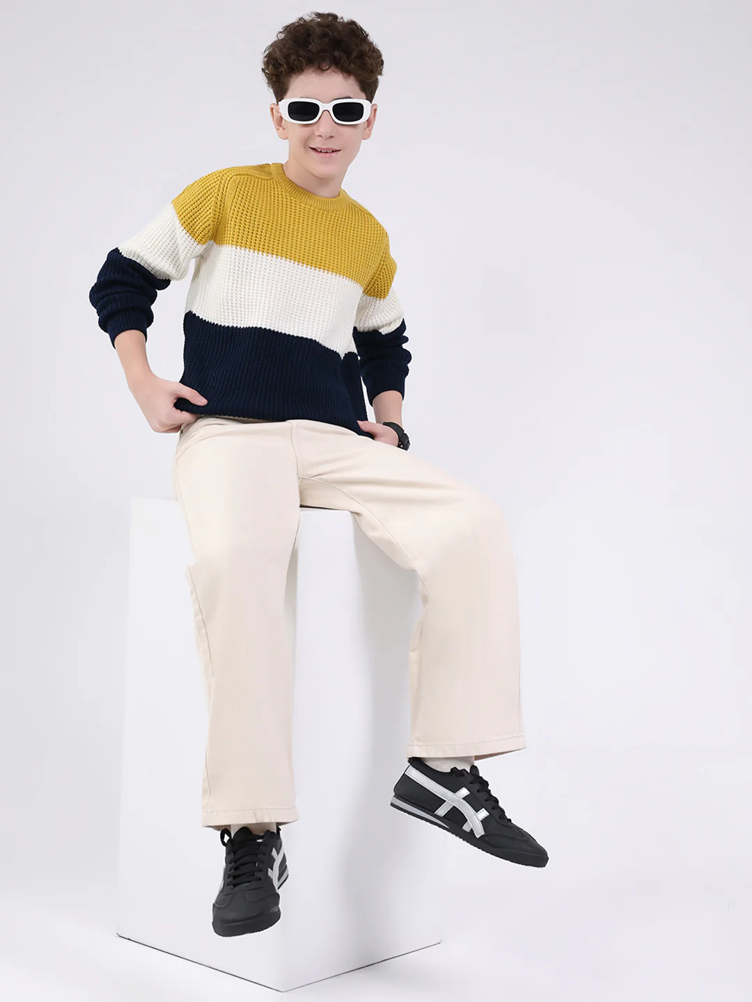 Boys Mustard Self Design Round Neck Full Sleeve Pullover - Image 2