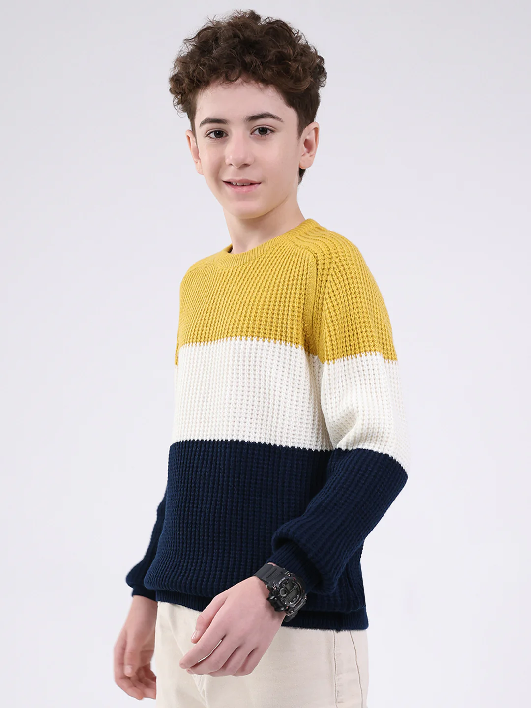 Boys Mustard Self Design Round Neck Full Sleeve Pullover - Image 3