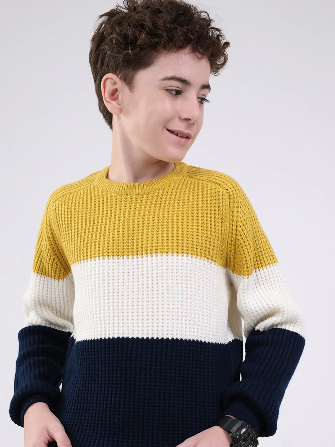 Boys Mustard Self Design Round Neck Full Sleeve Pullover - Image 6