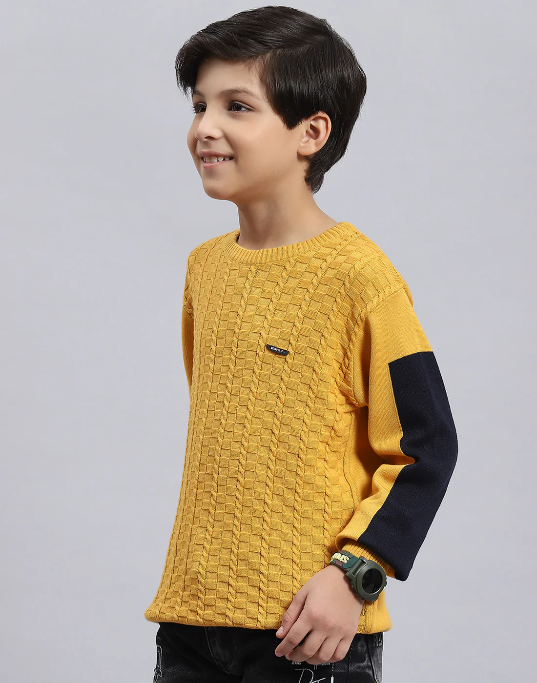 Boys Mustard Self Design Round Neck Full Sleeve Sweater - Image 4