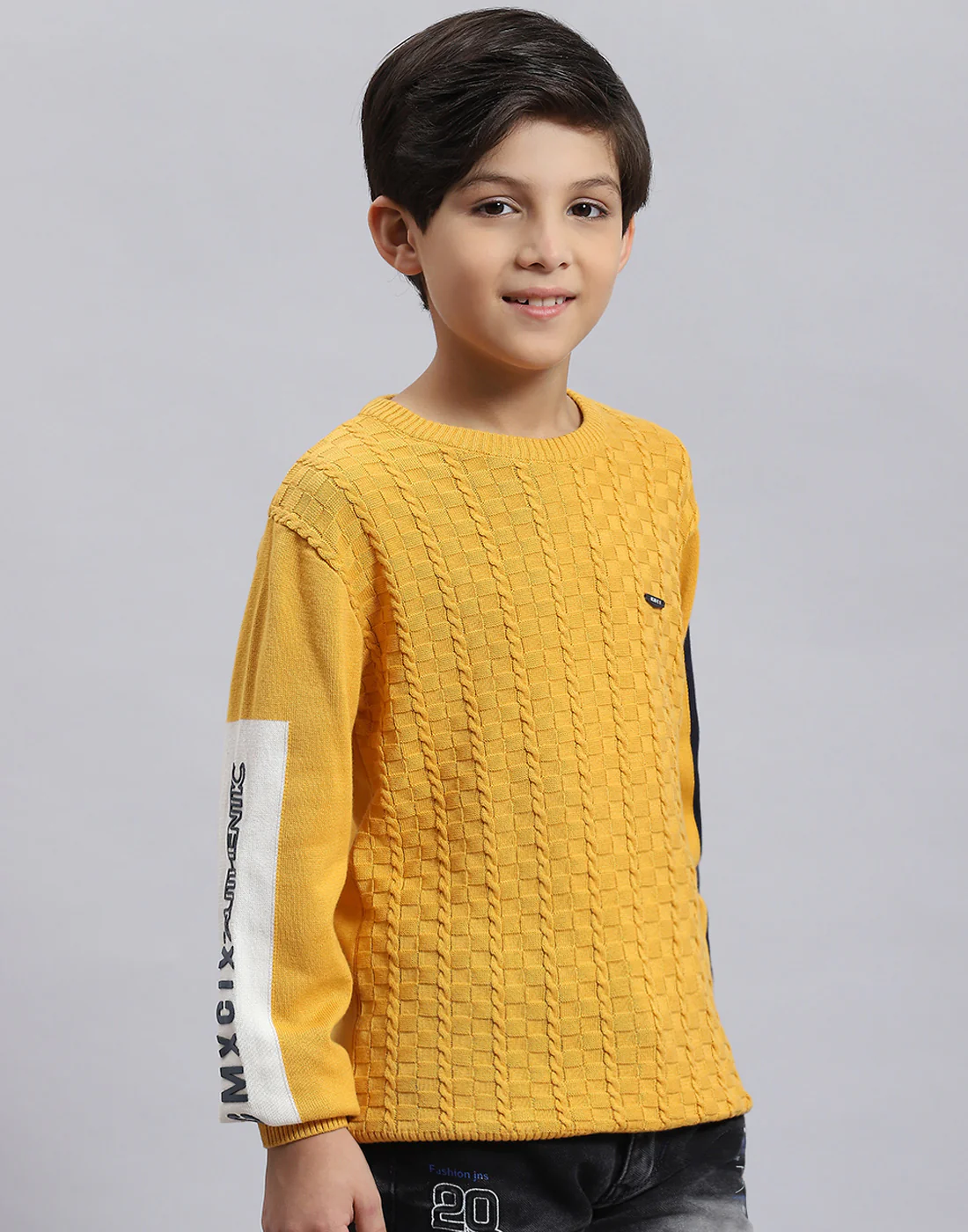 Boys Mustard Self Design Round Neck Full Sleeve Sweater - Image 6