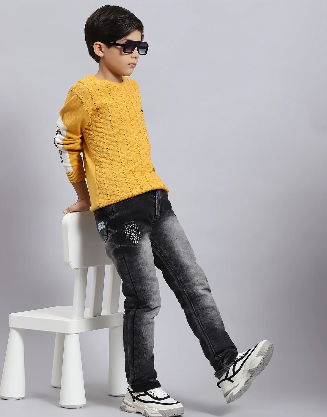 Boys Mustard Self Design Round Neck Full Sleeve Sweater - Image 7