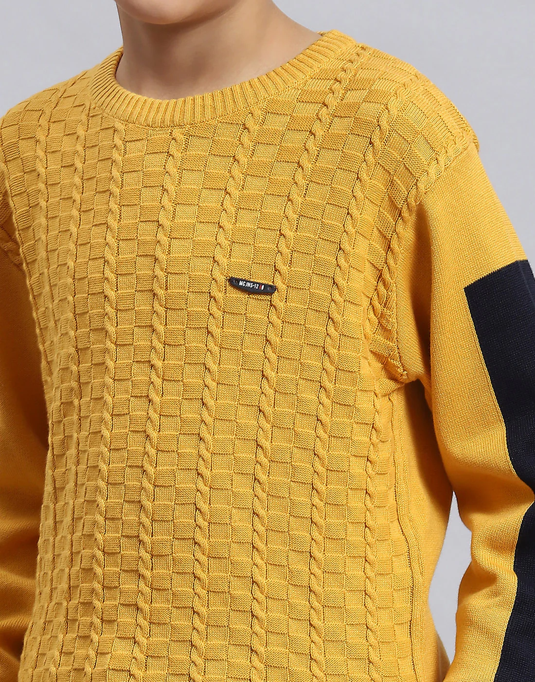 Boys Mustard Self Design Round Neck Full Sleeve Sweater - Image 8
