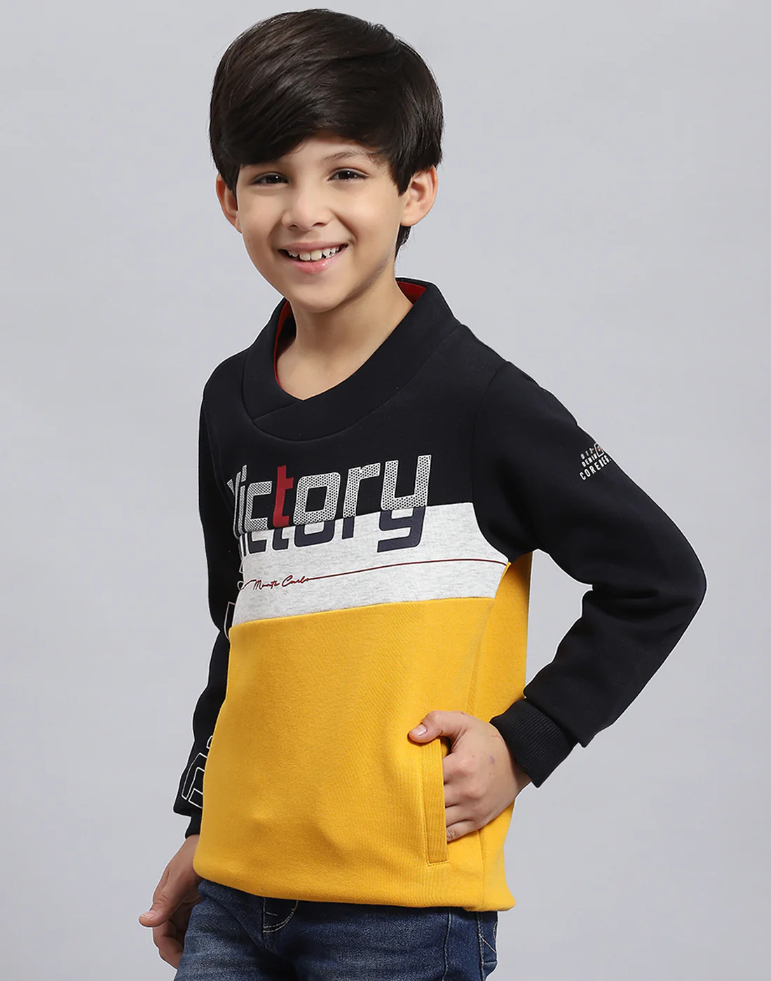 Boys Mustard Solid F Neck Full Sleeve Sweatshirt - Image 3