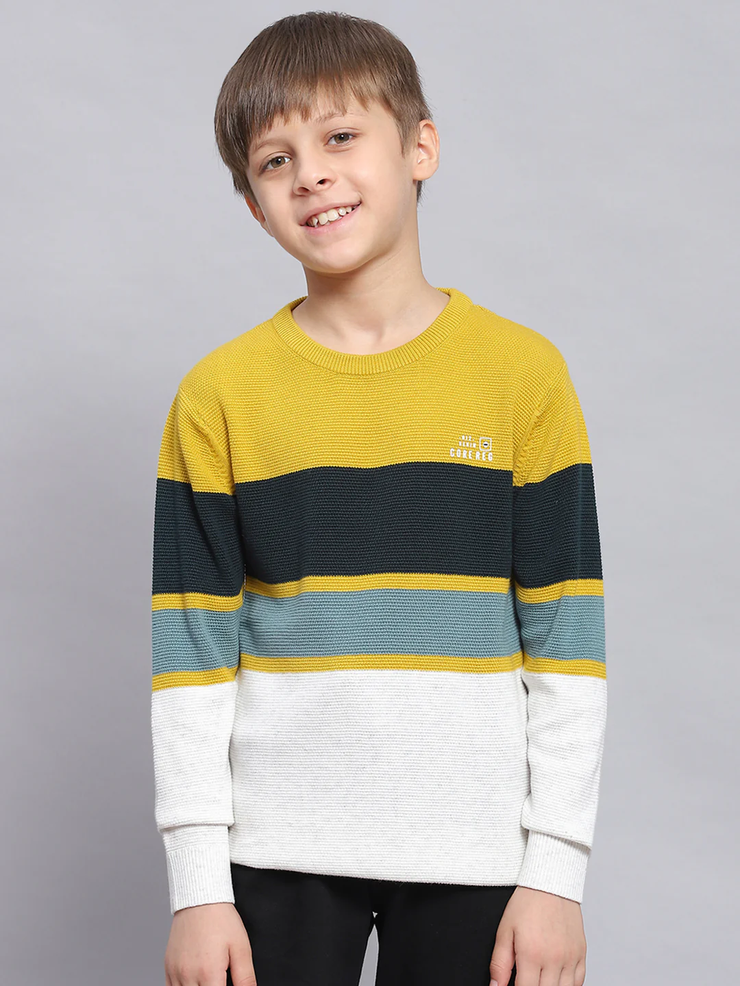 Boys Mustard Stripe Round Neck Full Sleeve Sweater - Image 2