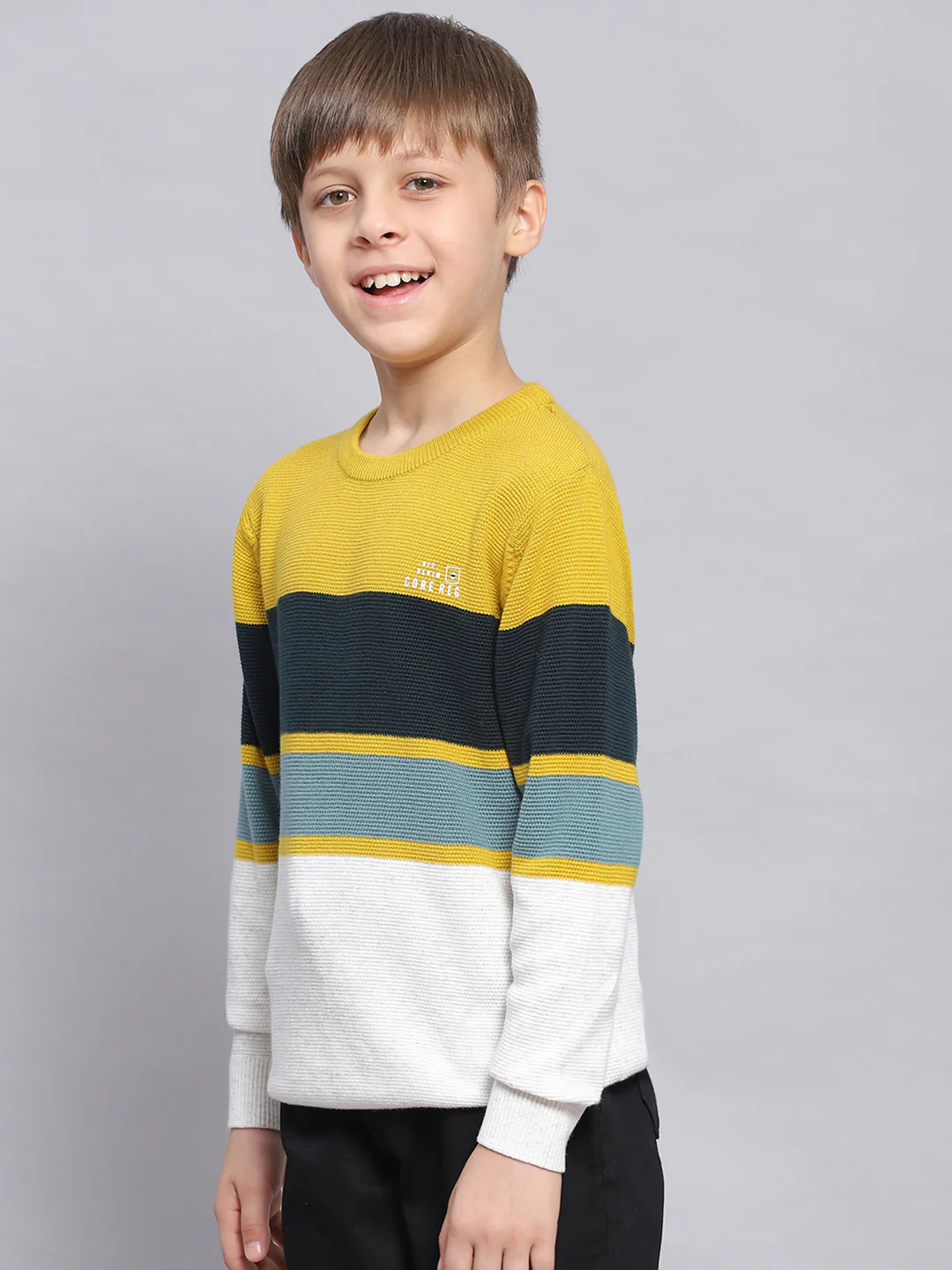 Boys Mustard Stripe Round Neck Full Sleeve Sweater - Image 3
