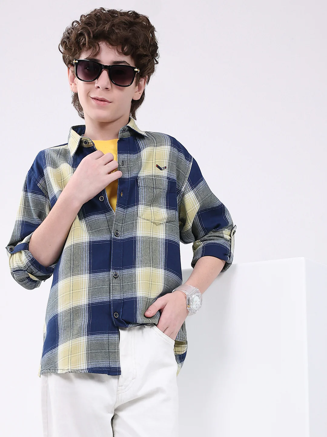 Boys Navy Blue Check Collar Full Sleeve Shirt - Image 6