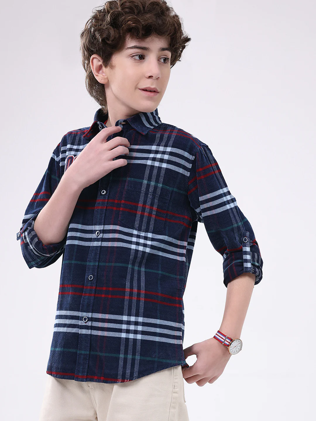 Boys Navy Blue Check Collar Full Sleeve Shirt - Image 3