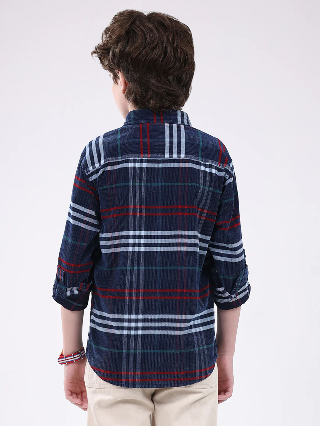 Boys Navy Blue Check Collar Full Sleeve Shirt - Image 5