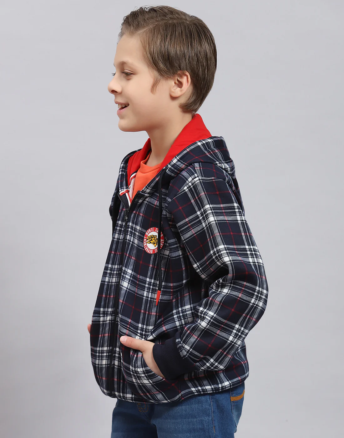 Boys Navy Blue Check Hooded Full Sleeve Sweatshirt - Image 3
