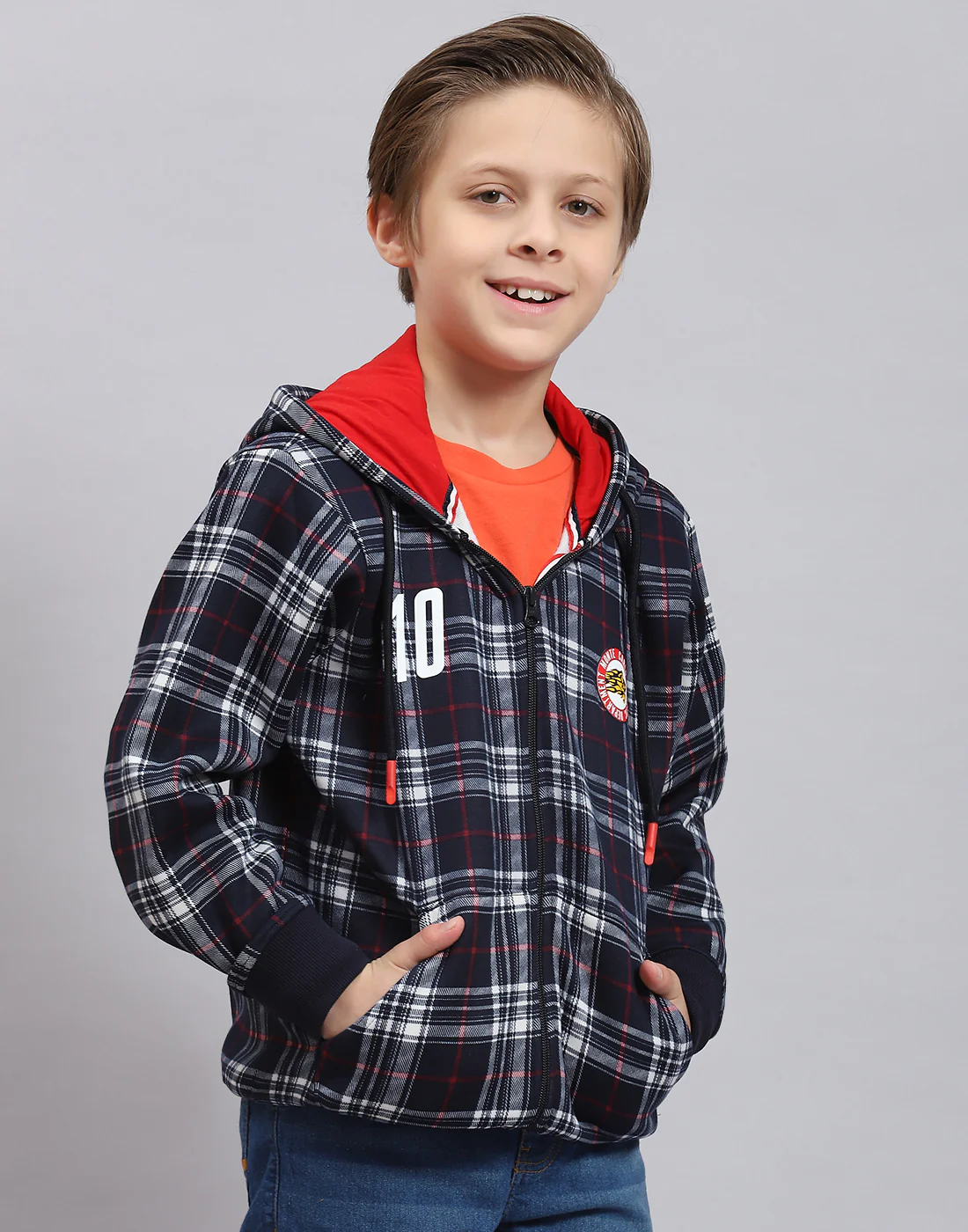 Boys Navy Blue Check Hooded Full Sleeve Sweatshirt - Image 4